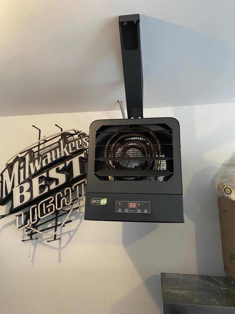 Ceiling-mounted electric garage heater with dedicated power connection