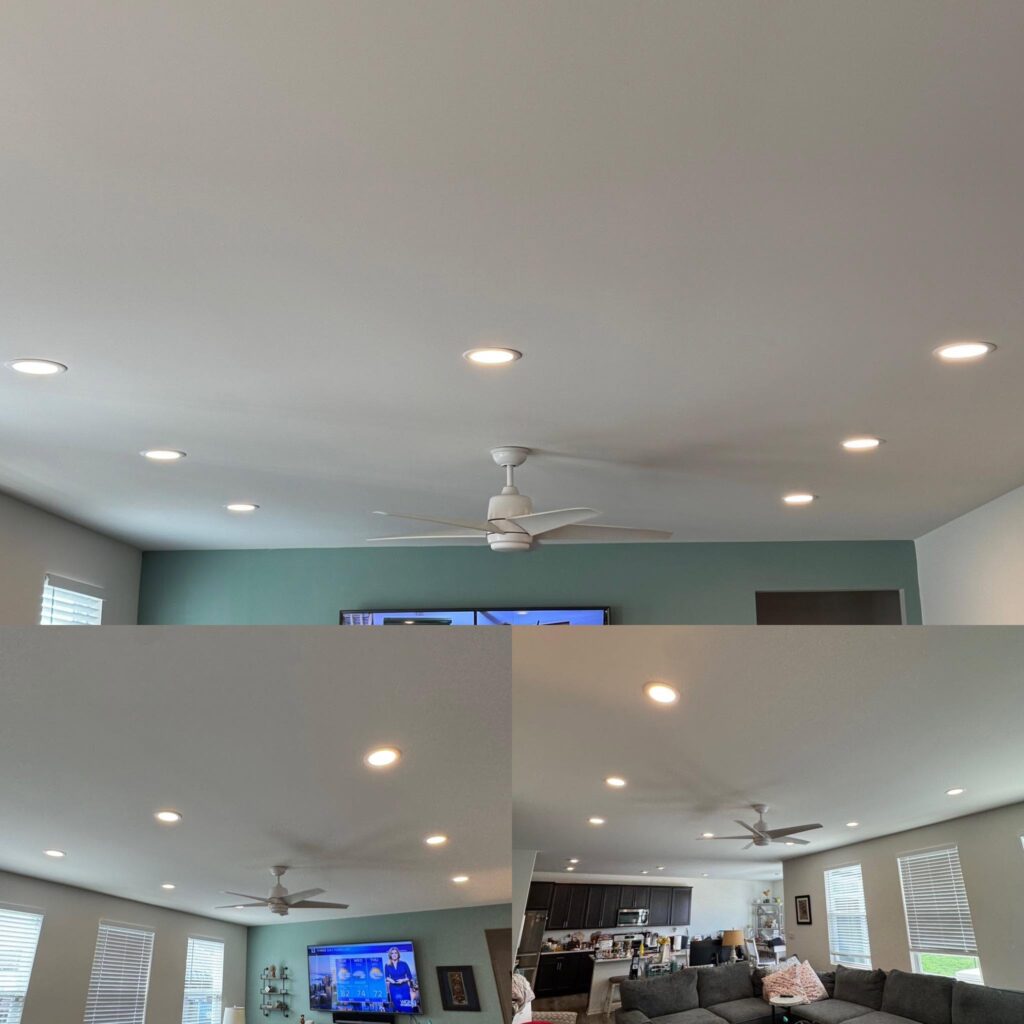 Recessed lighting and ceiling fan installed in an open-concept living area