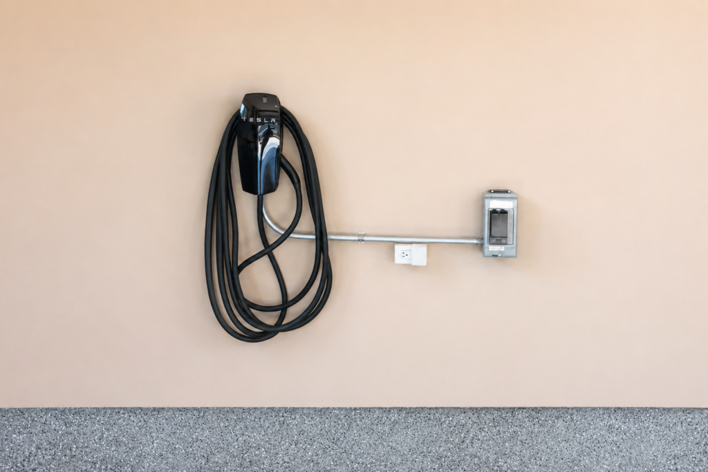 Wall-mounted Tesla EV charger with dedicated electrical disconnect