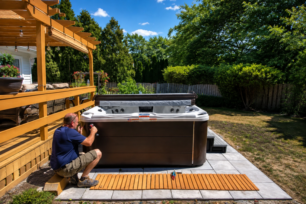 Electrician completing an outdoor hot tub electrical installation